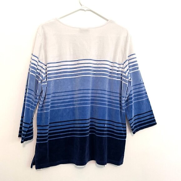 ALFRED DUNNER Precious Jewels Soft Striped Velour Top White Blue Navy 3/4 Sleeve - Picture 10 of 12